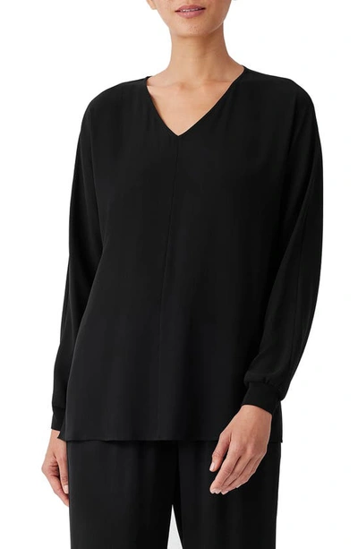 Eileen Fisher V Neck Dolman Sleeve Silk Top In Black