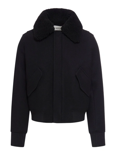 Ami Alexandre Mattiussi Fleece Collar Wool Bomber Jacket In Black