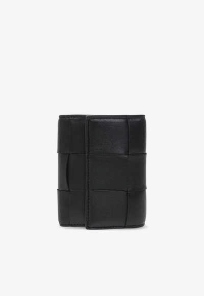 Bottega Veneta Cassette Intrecciato Leather Tri-fold Wallet In Black