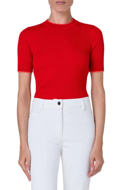 Akris Punto Short Sleeve Rib Virgin Wool Sweater In Crimson