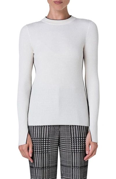 Akris Punto Contrast-piping Slit-cuff Rib Knit Sweater In Cream-black