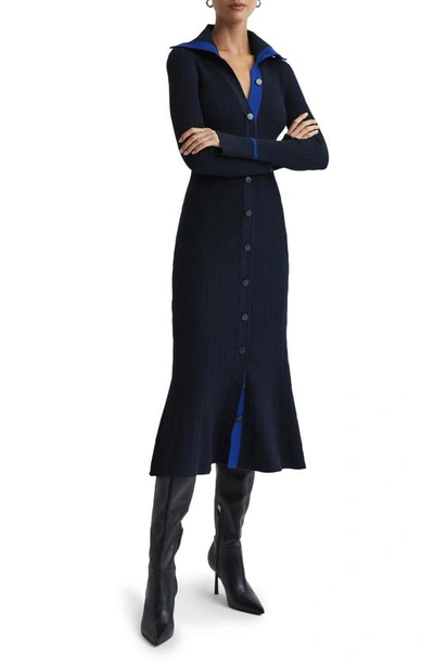 Reiss Navy/blue Knitted Ribbed Midi Dress