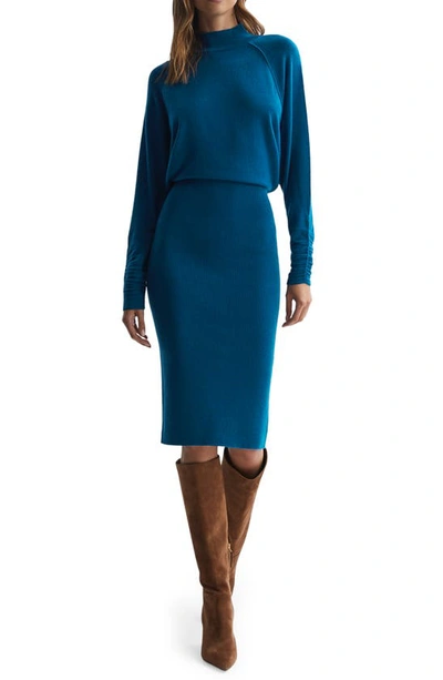 Reiss Freya Turtleneck Wool-blend Knitted Midi Dress In Blue