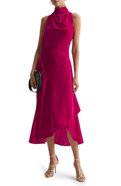 Reiss Giannon - Pink Velvet Funnel Neck Asymmetric Midi Dress, Us 10