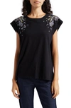 Cinq À Sept Bella Floral Embroidery Cap Sleeve T-shirt In Black Multi
