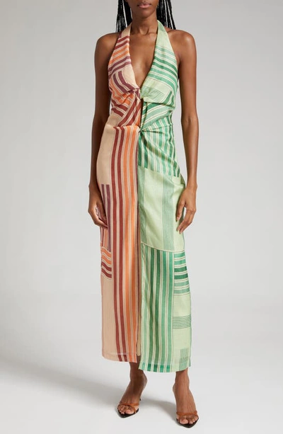 Sir Marisol Twist Halter Midi Dress In Green Multi Patchwork Stripe