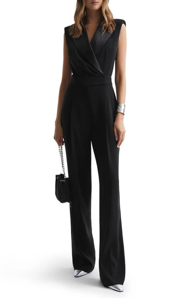 Reiss Saskia Shawl-lapel Straight-leg Woven Jumpsuit In Black