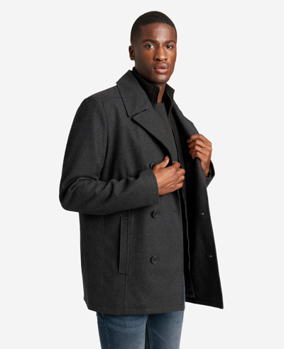 Kenneth Cole Wool Double-breasted Peacoat With Ribbed Bib In Charcoal