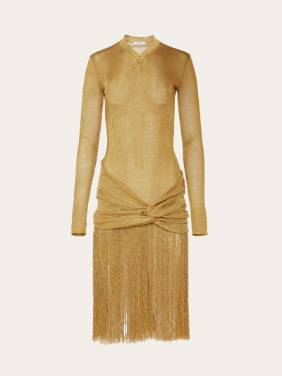 Ferragamo Woman Midi Lurex Dress With Fringed Skirt In Gold