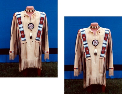 Pre-owned Handmade Old American  Beige Buckskin Suede Beaded Powwow Regalia War Shirt Nw7