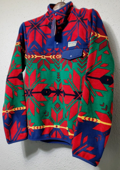 Pre-owned Polo Ralph Lauren Geometric-print Western Men Fleece Mockneck Pullover Sweater In Multicolor