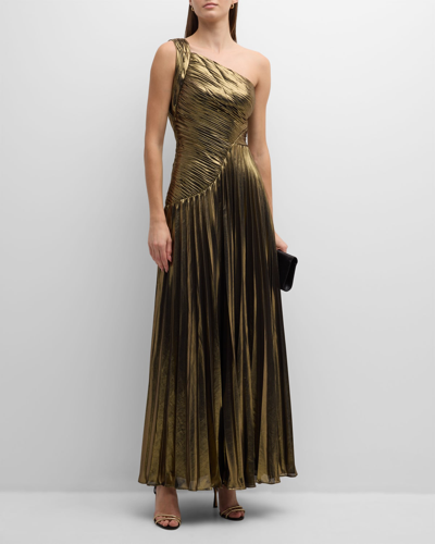 Zac Posen Pleated One-shoulder Metallic Gown In Gold