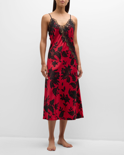 Natori Mantilla Floral-print Lace-trim Nightgown In Brocade Red Combo