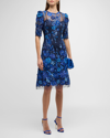 RICKIE FREEMAN FOR TERI JON BEADED FLORAL-EMBROIDERED A-LINE MIDI DRESS