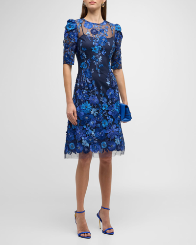 Rickie Freeman For Teri Jon Short-sleeve Floral Jacquard A-line Midi Dress In Navy