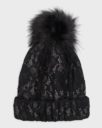 Adrienne Landau Lace Beanie With Faux Fur Pom In Black