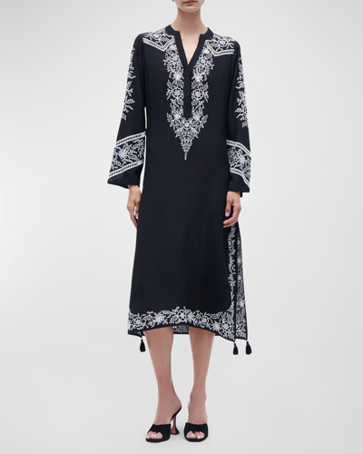 Figue Paola Embroidered Border Slits-hem Midi Kaftan Dress In Black