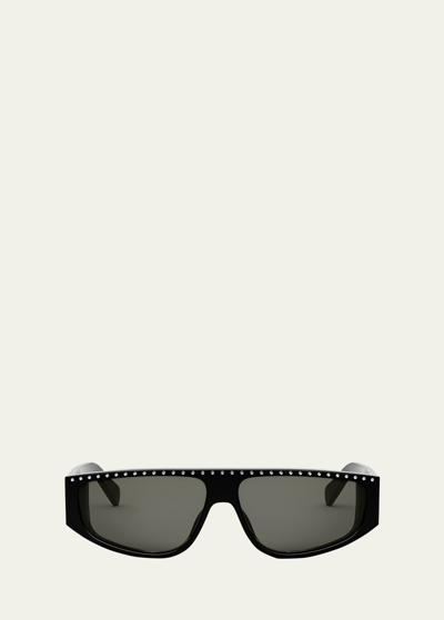 Celine Men's Animation Acetate Rectangle Sunglasses In Shiny Black/smoke