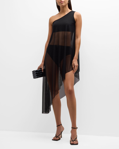 Norma Kamali One-shoulder Diagonal Tunic In Black/black Mesh