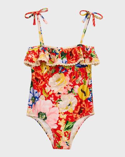 Zimmermann Kids' Girl's Alight Floral-print Frill One-piece Swimsuit In Red Floral