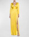 MARIA LUCIA HOHAN HARLOW CRYSTAL PLUNGING LONG-SLEEVE PLISSE GOWN