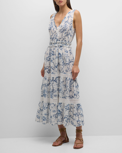 120% Lino Tiered Botanical-print Linen Maxi Dress In Blue Print