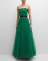 ZAC POSEN STRAPLESS PLEATED TULLE BUSTIER GOWN