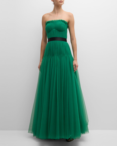 Zac Posen Strapless Pleated Tulle Bustier Gown In Emerald