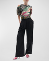 FIGUE OLIVE ABSTRACT-PRINT PUFF-SLEEVE CROP TOP