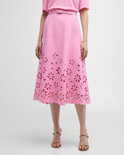 Maison Common Floral-cutout Belted A-line Midi Skirt In Pink