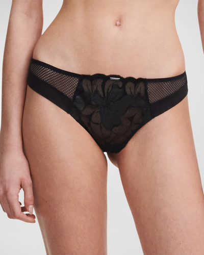 Chantelle Fleurs Floral-embroidered Tulle & Fishnet Tanga In Leather Black