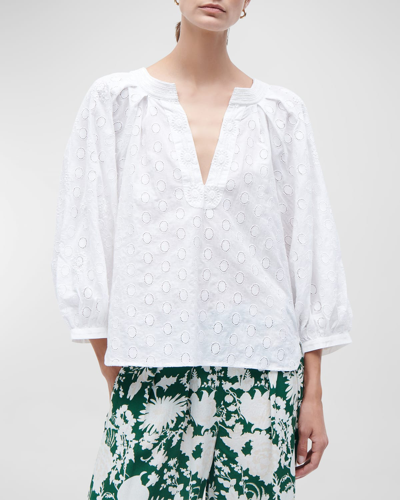 Figue Cristina Broderie Anglaise 3/4-sleeve Poplin Top In Clean White