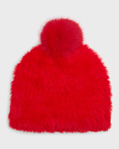 Adrienne Landau Fluffy Beanie With Faux Fur Pom In Red