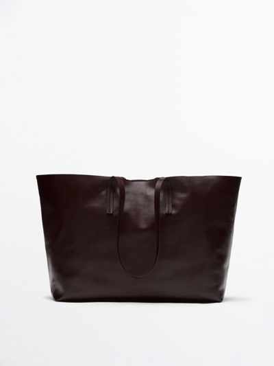 Massimo Dutti Nappa Leather Tote Bag In Burgundy