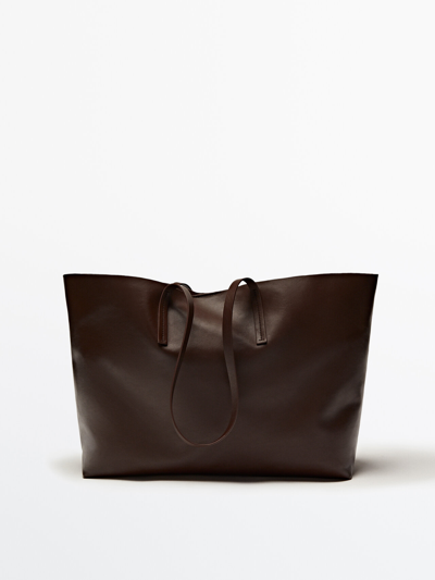 Massimo Dutti Nappa Leather Tote Bag In Brown