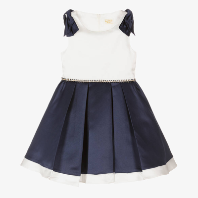 David Charles Kids' Girls Navy Blue & White Satin Dress