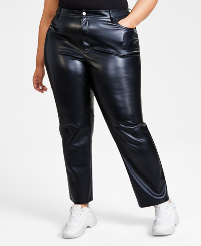 Bar Iii Plus Size Faux-leather Straight-leg Pants, Created For Macy's In Deep Black