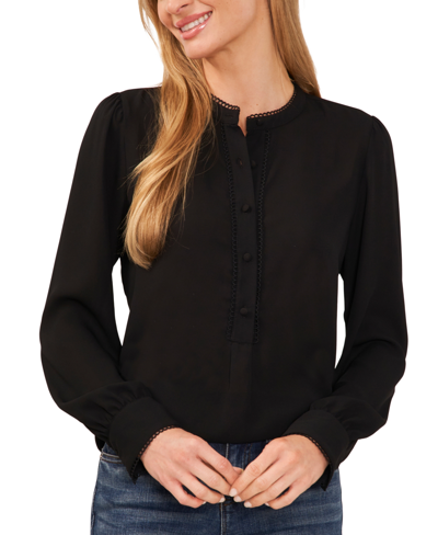 Cece Women's Scallop Trim Button Front Long Sleeve Top In Rich Black