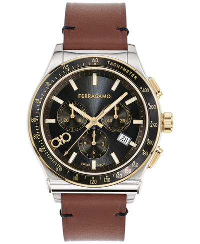 Ferragamo Salvatore  Men's 1927 Swiss Chronograph Brown Leather Strap Watch 42mm In Stainless Steel