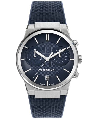 Ferragamo Salvatore  Men's Swiss Chronograph Blue Silicone Strap Watch 41mm In Stainless Steel