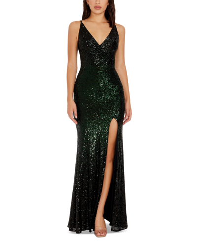 Dress The Population Women's Jordana Side-slit Sequin Gown In Pine Multi