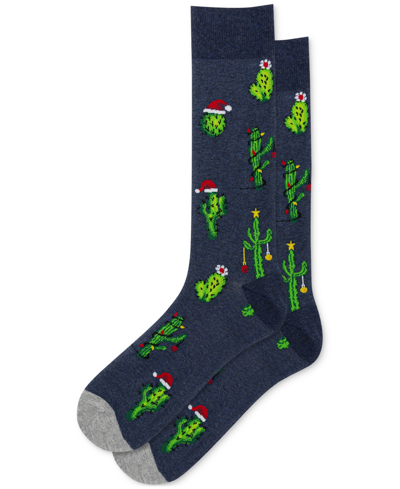 Hot Sox Men's Holiday Christmas Cactus Patterned Crew Socks In Denim Heather