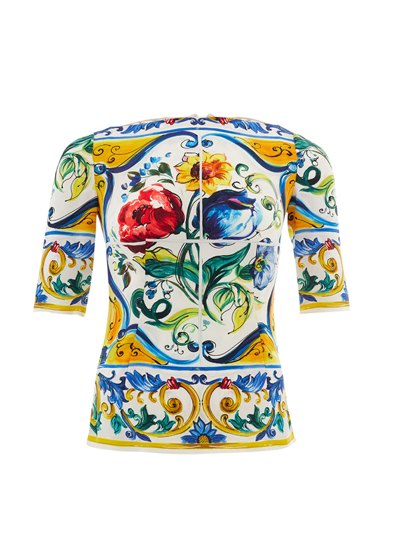 Dolce & Gabbana Elegant Maiolica Print Silk Women's Top In White