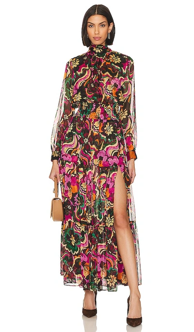 Misa Daphne Tie-back Bow Floral Slit Maxi Dress In Brown