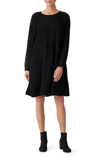 Eileen Fisher Blouson-sleeve Georgette Crepe Midi Shift Dress In Black