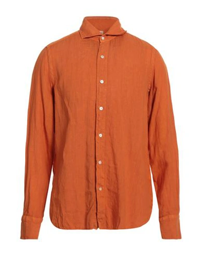 Finamore 1925 Man Shirt Orange Size 16 Linen In Mandarin