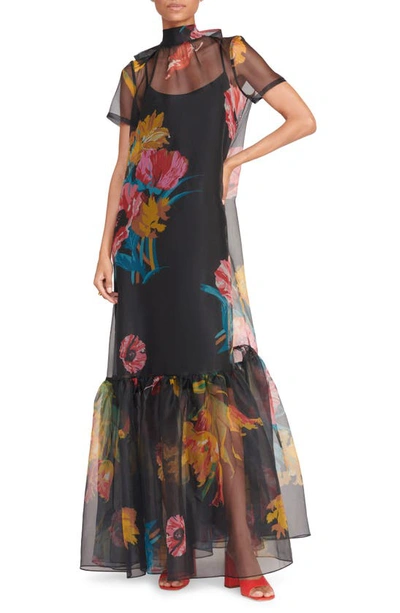 STAUD CALLUNA FLORAL RUFFLE HEM ORGANZA GOWN