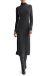 Reiss Cady Long Sleeve Mixed Rib Midi Sweater Dress In Charcoal