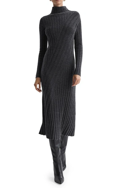 Reiss Cady Long Sleeve Mixed Rib Midi Jumper Dress In Charcoal