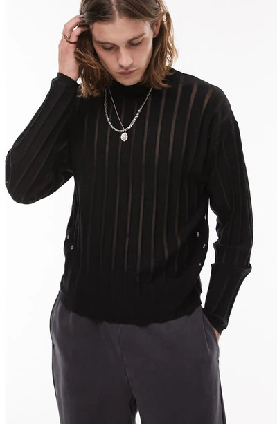 Topman Vertical Stripe Sheer Sweater In Black-gray